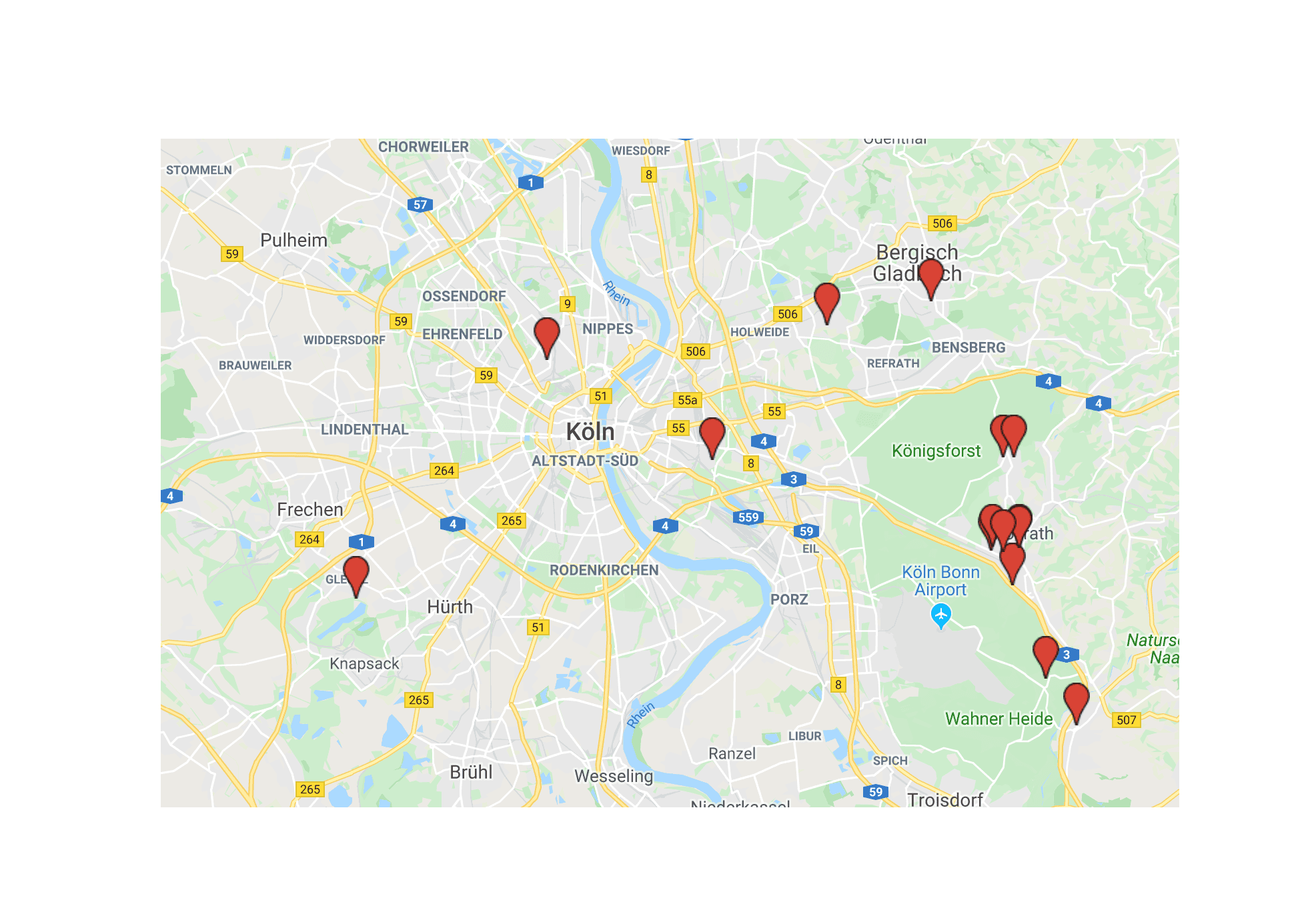 Karte des Großraums Köln mit den Lagen der Monteurwohnungen